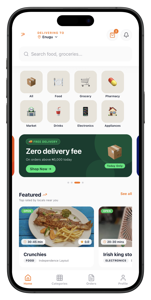 Peekup app showing Enugu vendors, categories, and delivery options