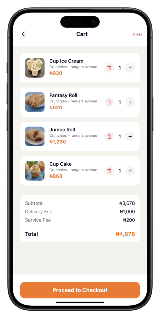 Peekup app cart screen showing items from Crunchies with pricing breakdown