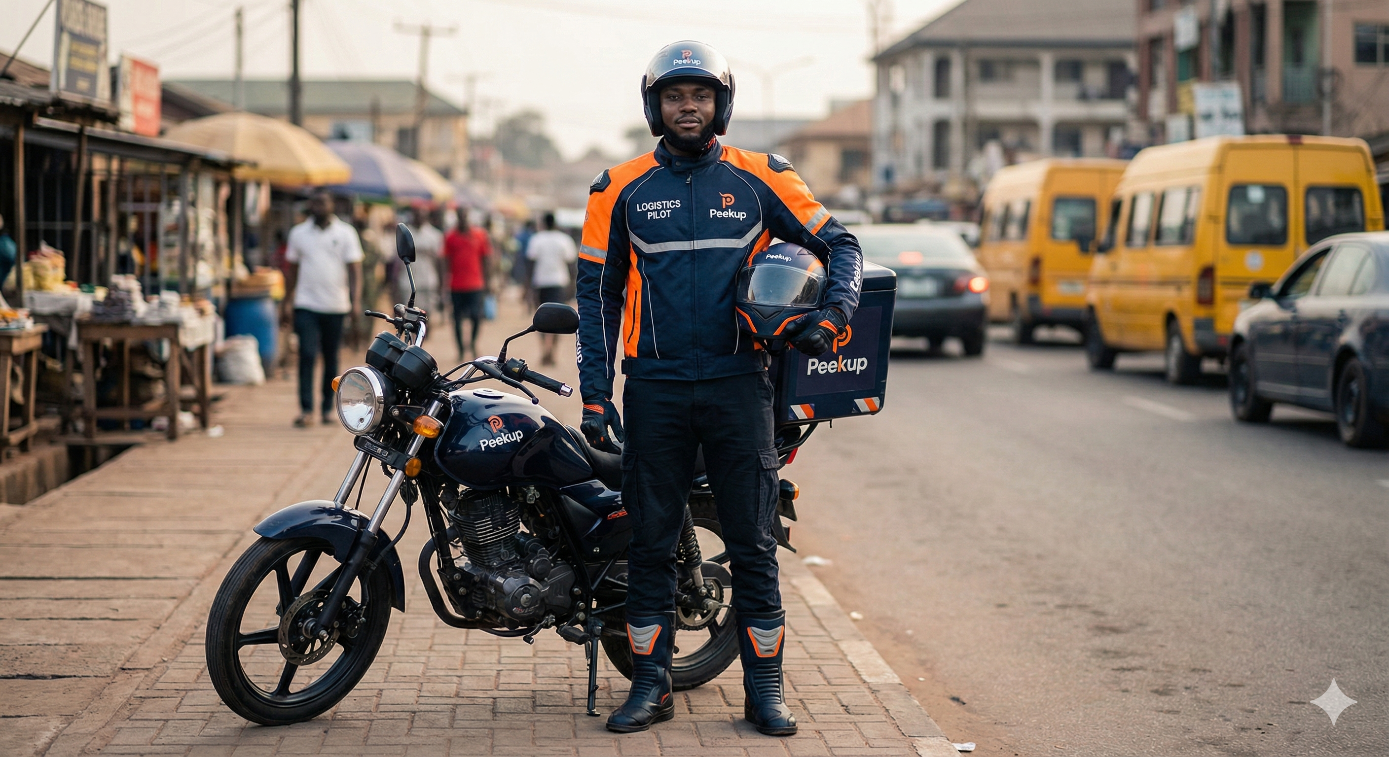 Peekup Rider in full branded gear with motorcycle